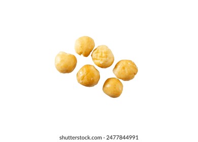 A top down view of six glazed donut holes, against a white background.
