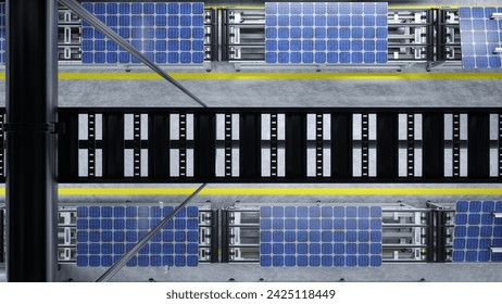 Top down view of solar panels on conveyor belts during cutting edge production process in green energy factory, 3D illustration. Aerial shot of photovoltaic cells on production line