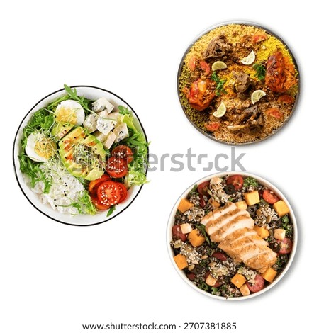 A top down view of three distinct food bowls, each filled with fresh ingredients and appealing textures.