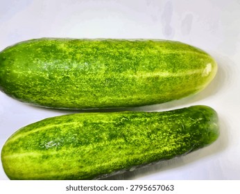 A top down view of two fresh green cucumbers placed horizontally parallel to each other on a plain white surface