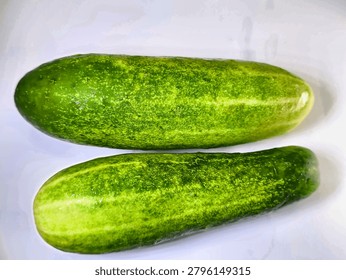 A top down view of two fresh green cucumbers placed horizontally parallel to each other on a plain white surface