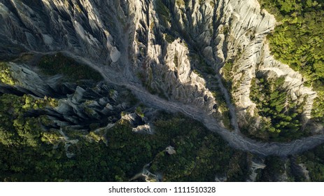 Top Down View Of Valley River Forming Putangirua Pinnacles In new Zealand 