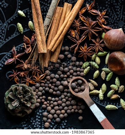 Top down view of a variety of dry spices commonly used in Garam Masala