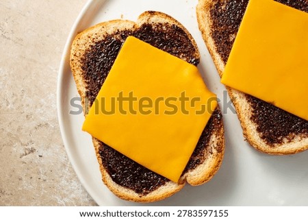 A top down view of vegemite cheese toast, on a plate.