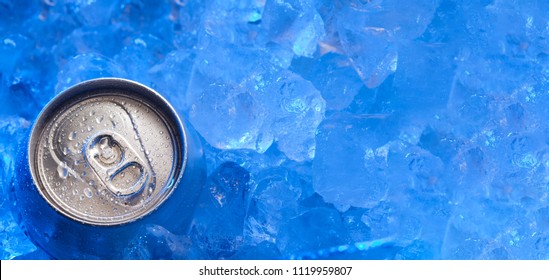 Top Of Drink Can Iced Submerged In Frost Ice, Metal Aluminum Beverage.