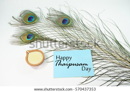 Top or flat lay view of a peacock feather’s and a candle on a white background with a words HAPPY THAIPUSAM DAY. Celebrate by a hindu religions.  A religions conceptual.
