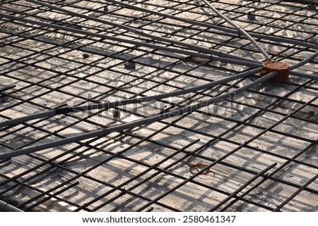 top floor structure of building  Lay the floor with rebar before pouring the cement floor, Steel grating work reinforced concrete with electric pipe line