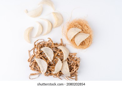 Top Grade edible bird nest shoot on white background with negative space. Raw edible bird's nest materials for tradition chinese medicine. Swallow nest the traditional chinese delicacy.