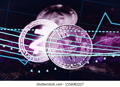 Top important cryptocurrencies which computer circuit in background. which including of BTC, ETH, LTC, Dash, Zcash and Ripple. Business and financial of cryptocurrency trading in market.