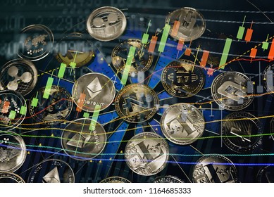 Top important cryptocurrencies which computer circuit in background. which including of BTC, ETH, LTC, Dash, Zcash and Ripple. Business and financial of cryptocurrency trading in market.