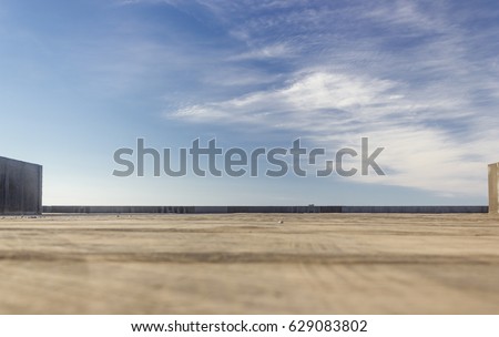 Similar – wooden platform with blue posts with ropes and orange lifebuoys on the background of the sea and sky with clouds Egypt Dahab South Sinai