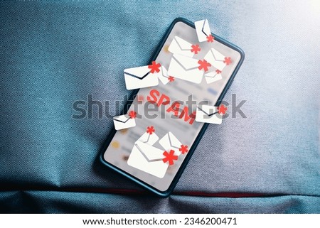 Top lay photo of smartphone with hologram mail spam concept. Communication business technology. Protect spam mail from internet cyber security.