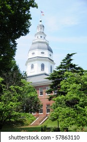 Top Of The Maryland State House Seen From The Park In Annapolis, MD