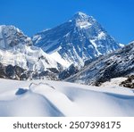 Top of Mount Everest as seen from Gokyo valley with snow drift blue colored, way to Mt Everest base camp, Nepal Himalayas mountains