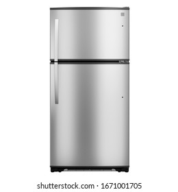 Холодильник с верхним креплением, изолированный на белом фоне. Современный холодильник с морозильной камерой. Электрическая кухня и бытовая техника. Вид спереди двухдверного холодильника с морозильной камерой из нержавеющей стали