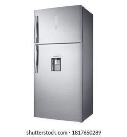 Top Mount Refrigerator Isolated on White Background. Modern Kitchen & Domestic Major Appliances. Freestanding Stainless Steel Side by Side Double Door Full Frost Free Fridge Freezer Side Front View - Shutterstock ID 1817650289