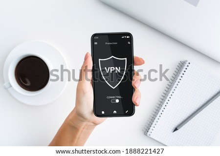 Top Overhead Above View Of Woman Using Mobile Phone With VPN Virtual Private Network Connection For Cyber Security And Personal Data Protection, Workspace In The Background, Creative Collage