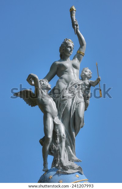 Top part of fountain Goddess of the Night. The sculpture composition with fountains The Night (Goddess of the Night) in park of Gurzuf, Crimea. Baroque style, 19 century.