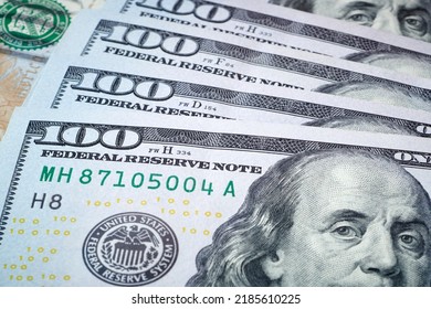 Top Part Of Hundred Dollar Bill. Strong Global Currency In World Trade. Center Of The Global Trade. World Economic And Finance Concept. Close Up View.