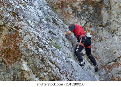 Top Rope Climbing. Extreme Outdoor Sports. Climbing In The Summer, Training For Beginners. Easy Climbing Track.