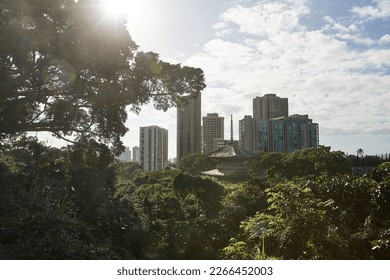 top of Sanju pagoda in Honolulu with buildings in the background