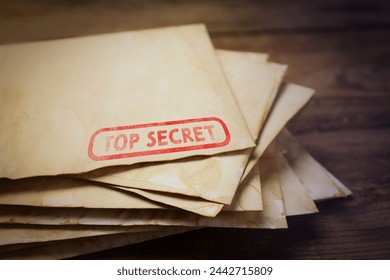 Top Secret stamp. Stacked old letters on wooden table, closeup