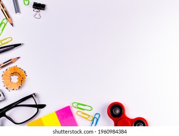 Top Shot Of Stationary Goods On White Background With Copy Space In Art And Craft Concept.