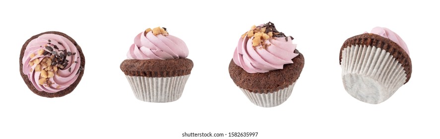 Top, Side And Front Views Of Cupcake With Pink Cream Decorated With Chocolate And Nuts. Dessert Isolated On White Background