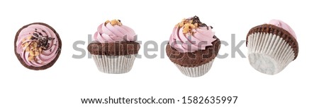 Top, side and front views of cupcake with pink cream decorated with chocolate and nuts. Dessert isolated on white background