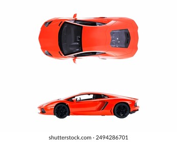 Top and Side Views of a Sleek Orange Sports Car: elegant aerodynamic design of an orange sports car from two perspectives, highlighting its smooth curves and stylish details. - Powered by Shutterstock