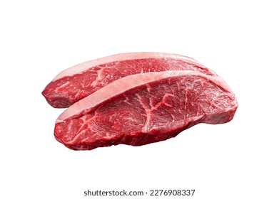 Top sirloin beef steak or brazilian Picanha, raw meat on butcher cleaver. Isolated on white background.