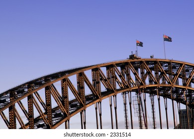 Top Of Sydney Harbour Bridge In Evening Light, Australian Flag, Australia