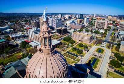 The Top of the Texas State Capitol building taken with a Aerial Drone showing the top of the Texas Hill Country highest Capitol building in America 