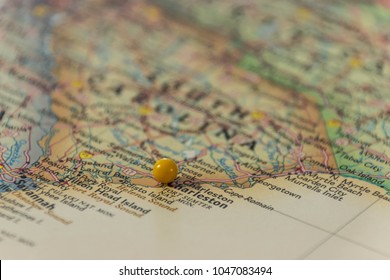 Top Tourist Destination - City Of Charleston, SC Pinned On A Tan Map Of The United States