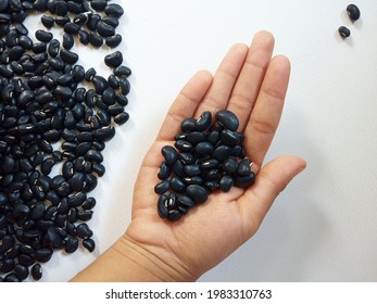 Top veiw, Seeds black beans (vigna mungo) in hand and seeds mungo on white paper texture, Phaseolus mungo, Food, Grains, Closeup