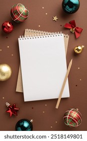 A top vertical view of a blank notepad with pencil surrounded by colorful Christmas ornaments on a brown background