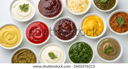 Top View of 12 Assorted Sauces in Small Bowls – Variety of Condiments and Dips
