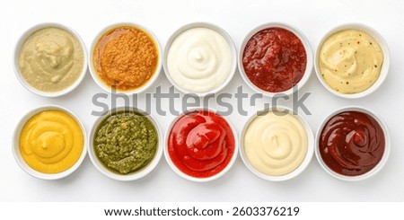 Top View of 12 Assorted Sauces in Small Bowls – Variety of Condiments and Dips