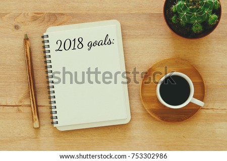 Top view 2018 goals list with notebook, cup of coffee on wooden desk