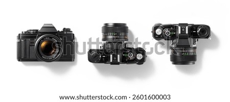 Top view of 35mm film camera, analog vintage classic retro style, isolated on a white background. High resolution.