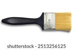 Top view of a 50mm flat paintbrush with black handle and metal ferrule, featuring golden synthetic bristles, isolated on white background.