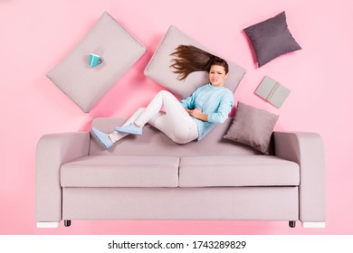 Top View Above High Angle Flat Lay Flatlay Lie Concept Of Her She Nice Attractive Depressed Girl Lying On Divan Feeling Hurt Injury Tummy Chronic Ulcer Disease Isolated On Pink Pastel Color Background