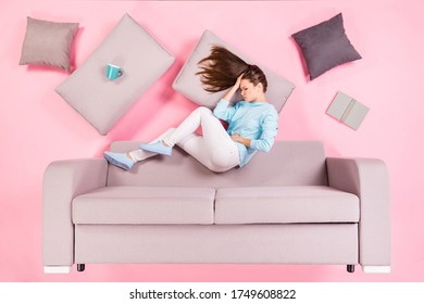 Top View Above High Angle Flat Lay Flatlay Lie Concept Of Her She Nice Attractive Depressed Girl Lying On Divan Feeling Bad Hurt Injury Belly Tummy Indigestion Isolated On Pink Pastel Color Background