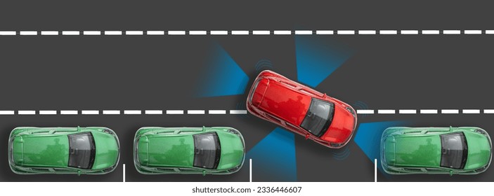 Top view of abstract red car on digital blue background. Location, vehicle and navigation concept. 3D Rendering