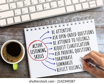 Top view with Active Listening Skills Method text in notebook,pencil,keyboard and coffee on wood table background in office workplace. Business and financial concept.
