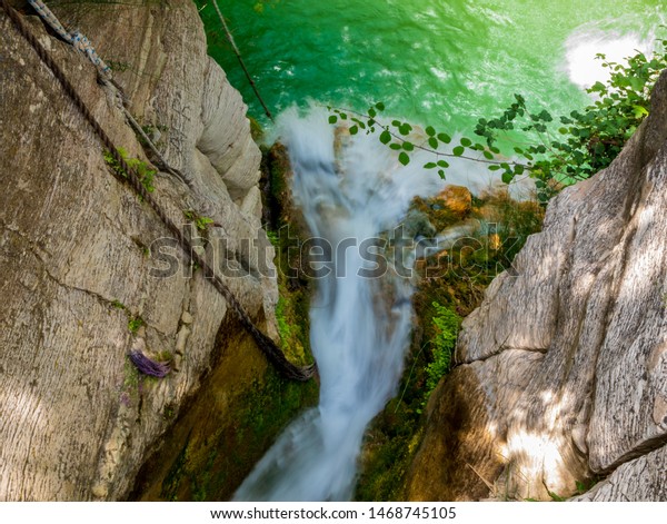 Top view\
of the Adonis waterfall near Paohos,\
Cyprus