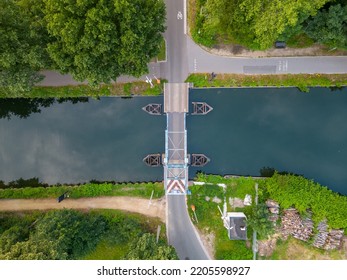 Top view aerial and drone Draw Bridge over the canal Dessel  Schoten in Rijkevorsel  Antwerp  Belgium  High quality photo