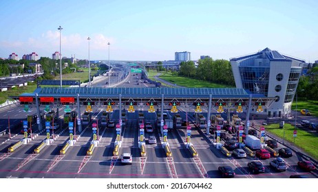 Top View Aerial Overloaded Toll Road Or Tollway On The Controlled Access Highway