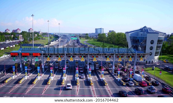 Top view aerial overloaded toll road or\
tollway on the controlled access\
highway