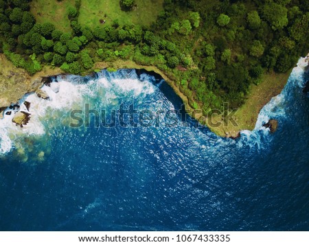 Top view or Aerial view of tropical island forest and emerald clear water of south coast in west sumatera, indonesia.